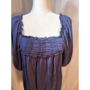 Laffaire Size Large Blouse Smocked Bodice Short Sleeve Dark‎ Blue